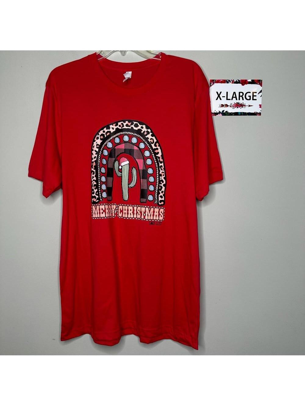 L&B Life XL Merry Christmas Red Rainbow Cactus tee shirt